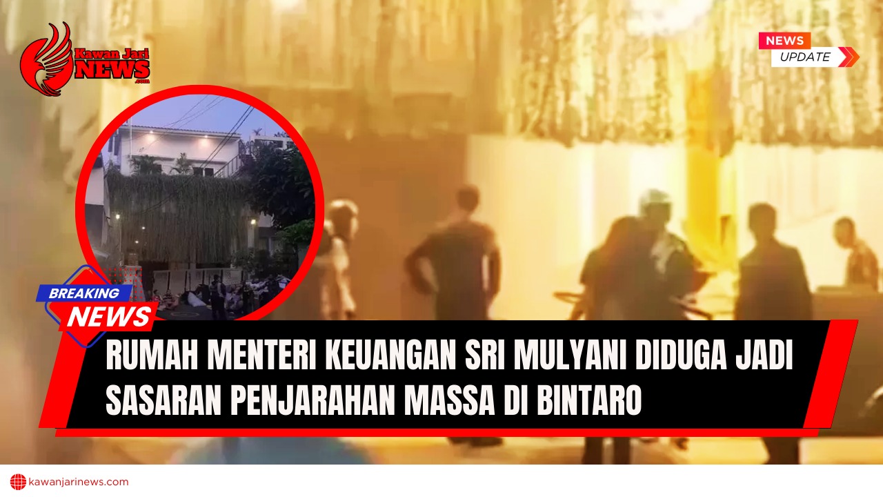 Doc. Situasi rumah Menteri Keuangan Sri Mulyani di Bintaro saat kejadian dugaan penjarahan massa. Dalam klise lingkaran tampak kondisi rumah Sri Mulyani setelah kejadian. (NR – KawanJariNews.com).