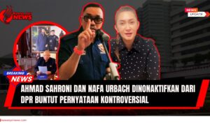 Doc. Ahmad Sahroni pada saat menyampaikan pernyataan yang menuai kritik dari masyarakat (kiri), Nafa Urbach ketika menyampaikan permintaan maaf usai ucapannya juga dikritik luas publik (kanan). Dalam kolase lingkaran tampak Sekjen Partai NasDem, Hermawi Taslim, membacakan surat keputusan pemberhentian keduanya sebagai anggota DPR RI dari Partai NasDem. (NR – KawanJariNews.com).