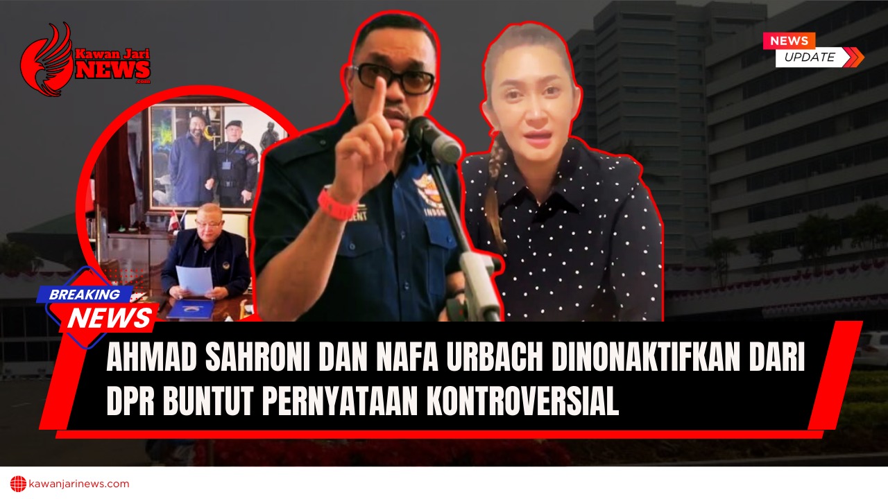 Doc. Ahmad Sahroni pada saat menyampaikan pernyataan yang menuai kritik dari masyarakat (kiri), Nafa Urbach ketika menyampaikan permintaan maaf usai ucapannya juga dikritik luas publik (kanan). Dalam kolase lingkaran tampak Sekjen Partai NasDem, Hermawi Taslim, membacakan surat keputusan pemberhentian keduanya sebagai anggota DPR RI dari Partai NasDem. (NR – KawanJariNews.com).