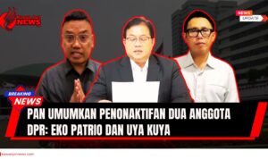 Doc. Iustrasi Perwakilan Dewan Pimpinan Pusat (DPP) PAN (tengah) memberikan keterangan resmi terkait pemberhentian dua anggota DPR, Eko Hendro Purnomo (kanan) dan Surya Utama atau Uya Kuya (kiri), dalam siaran pers di Jakarta, Minggu (31/08/2025). (NR – KawanJariNews).