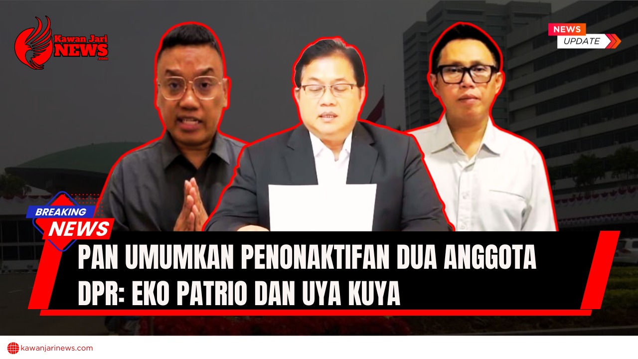 Doc. Iustrasi Perwakilan Dewan Pimpinan Pusat (DPP) PAN (tengah) memberikan keterangan resmi terkait pemberhentian dua anggota DPR, Eko Hendro Purnomo (kanan) dan Surya Utama atau Uya Kuya (kiri), dalam siaran pers di Jakarta, Minggu (31/08/2025). (NR – KawanJariNews).