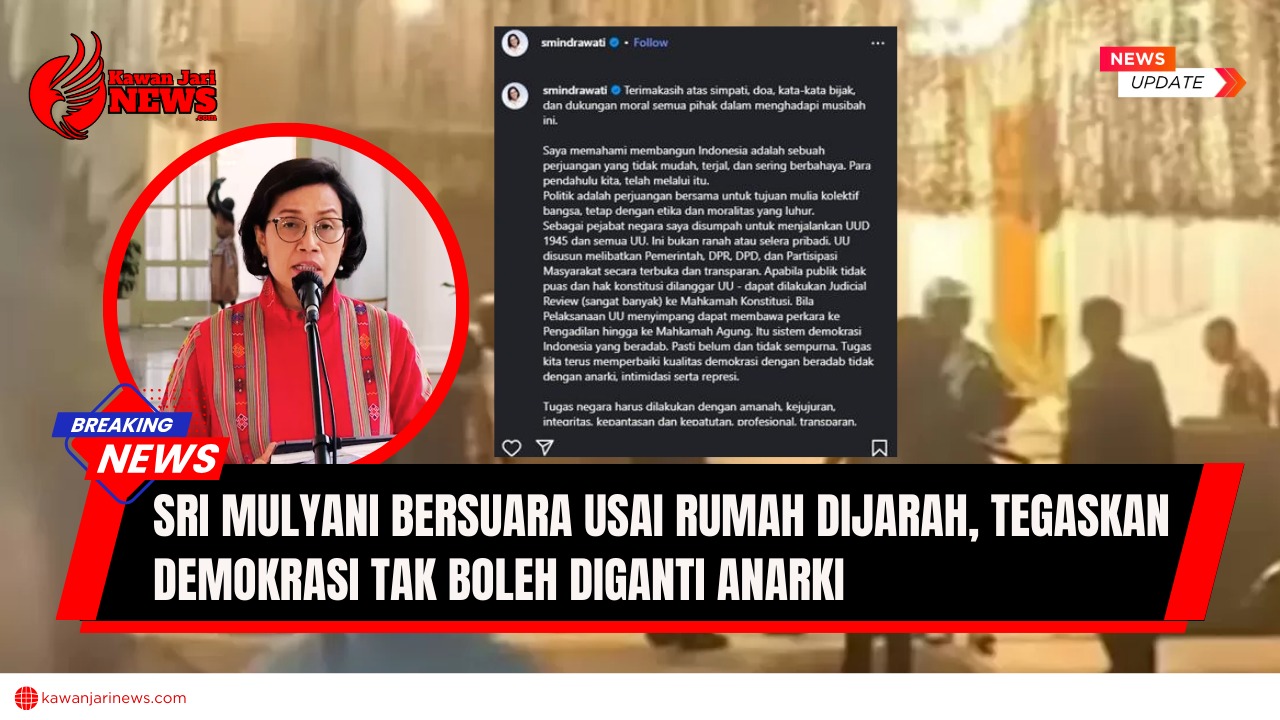 Doc. Ilustrasi foto Menteri Keuangan Sri Mulyani Indrawati dalam lingkaran (kiri) dan tangkapan layar unggahan pernyataan resmi melalui akun Instagram @smindrawati (kanan), usai rumahnya di kawasan Bintaro dijarah pada Minggu (31/8/2025). (NR – KawanJariNews.com).