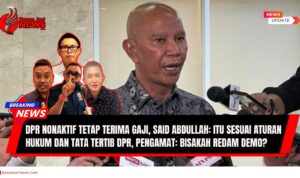 Doc. Ketua Badan Anggaran DPR, Said Abdullah, memberikan penjelasan kepada media terkait status keuangan anggota DPR yang dinonaktifkan partainya (latar belakang). Pada sisi kiri tampak kolase beberapa legislator yang dinonaktifkan oleh partai masing-masing, yakni Eko Hendro Purnomo (PAN), Uya Kuya (PAN), Ahmad Sahroni (NasDem), dan Nafa Urbach (NasDem).