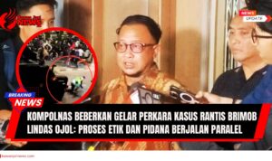 Doc. Komisioner Kompolnas, Choirul Anam, memberikan keterangan pers kepada awak media usai menghadiri gelar perkara kasus mobil taktis (rantis) Brimob yang melindas pengemudi ojek online (ojol) saat aksi demonstrasi. Kompolnas menegaskan proses etik dan pidana akan berjalan secara paralel untuk memastikan transparansi dan keadilan. (NR - KawanJariNews).