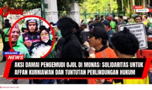 Doc. Suasana aksi damai pengemudi ojek online (ojol) di kawasan Monas, Jakarta, Selasa (2/9/2025). Para peserta aksi membawa bunga sebagai simbol perdamaian dan solidaritas untuk mendiang Affan Kurniawan, pengemudi ojol yang meninggal dunia setelah tertabrak kendaraan taktis Brimob. (NR – KawanJariNews.com).