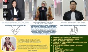 Doc. Flayer kegiatan Charity & Christmas Celebration yang diselenggarakan DPP FERADI WPI bersama jajaran pengurus, dengan mengusung tema “Berikan Uluran Tanganmu”. Kegiatan akan digelar di Panti Asuhan Pondok Kasih Agape, Jakarta Utara, pada Sabtu, 13 Desember 2025, sebagai wujud kepedulian sosial dan perayaan Natal. (Foto: FERADI WPI Official).