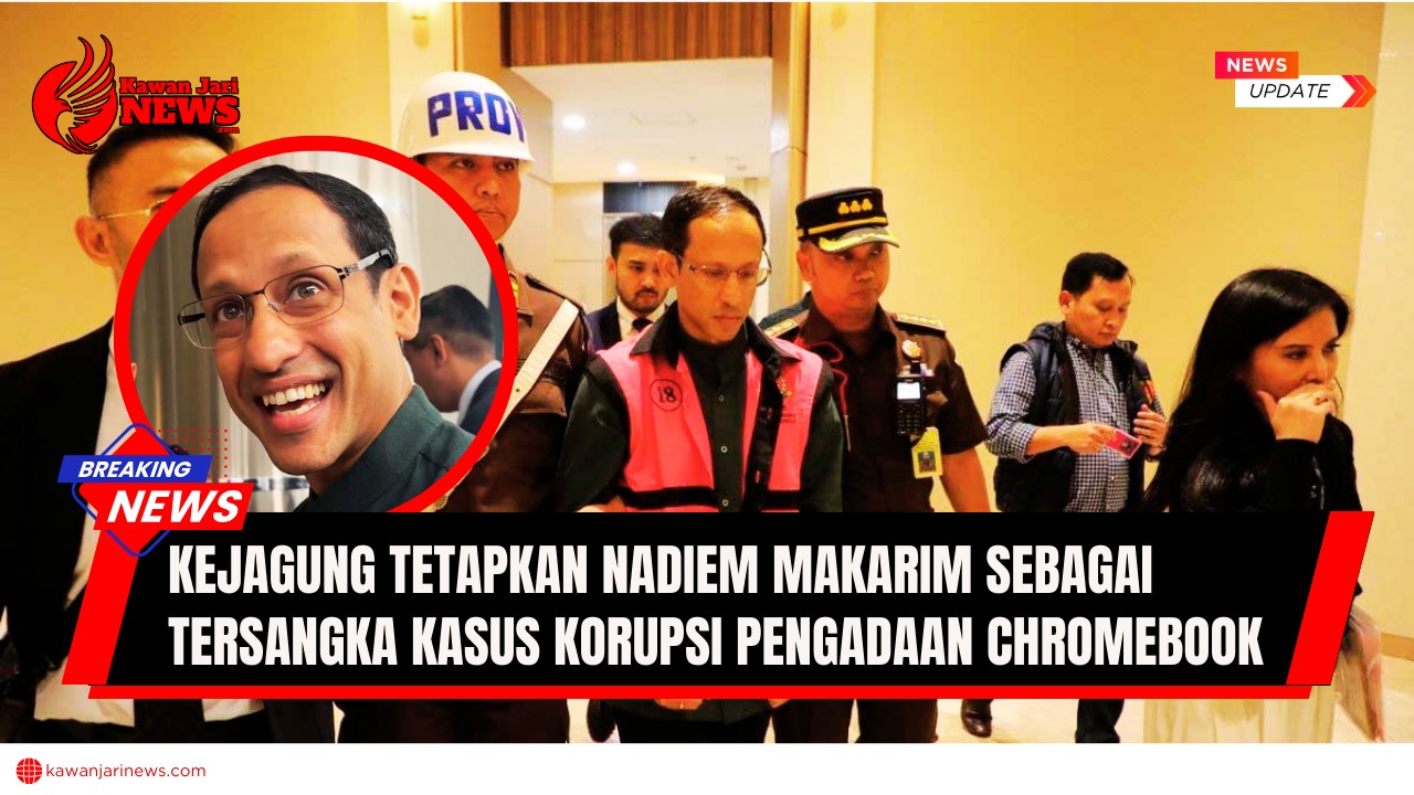 Doc. Mantan Menteri Pendidikan, Kebudayaan, Riset, dan Teknologi (Mendikbudristek) Nadiem Makarim resmi ditetapkan sebagai tersangka kasus dugaan korupsi pengadaan laptop Chromebook. Nadiem terlihat mengenakan rompi tahanan Kejaksaan Agung saat digiring penyidik menuju ruang pemeriksaan, Kamis (4/9/2025). (NR – KawanJariNew.com).