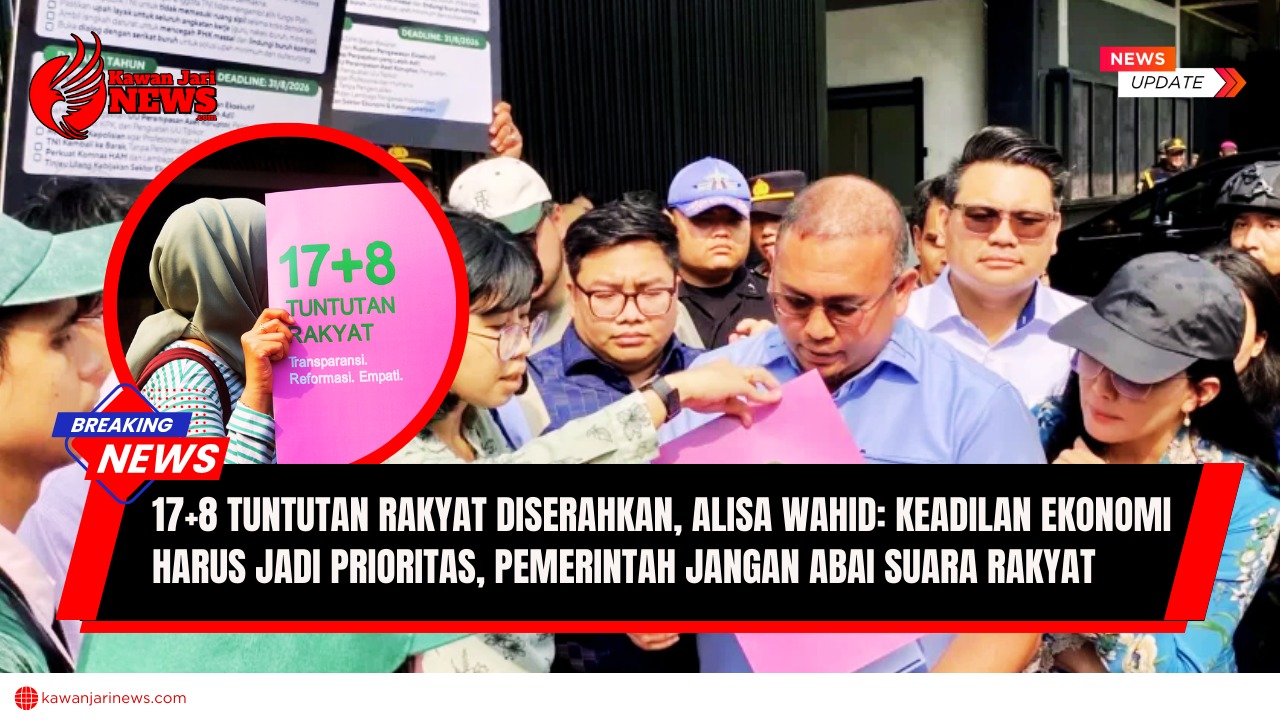 Doc. Sejumlah aktivis, tokoh masyarakat, dan influencer menyerahkan dokumen 17+8 Tuntutan Rakyat melalui Gerbang Pancasila DPR RI, Jakarta, Kamis (4/9/2025). Penyerahan tuntutan ini diterima langsung oleh perwakilan anggota DPR, dengan pesan agar pemerintah segera mewujudkan keadilan ekonomi dan tidak mengabaikan suara rakyat. (NR – KawanJariNews.com).