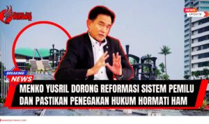Doc. Menko Polhukam Yusril Ihza Mahendra berbicara mengenai pentingnya reformasi sistem pemilu di Indonesia. Pada kolase, tampak foto gedung DPR RI sebagai simbol lembaga legislatif yang menjadi fokus wacana perubahan. Catatan: Gambar ini hanya merupakan ilustrasi dan tidak menggambarkan situasi langsung pada saat Yusril menyampaikan pandagannya. (NR – KawanJariNews.com).
