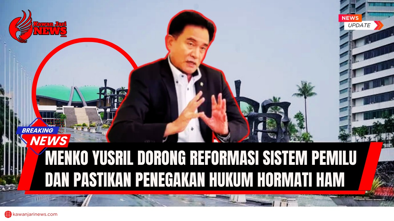 Doc. Menko Polhukam Yusril Ihza Mahendra berbicara mengenai pentingnya reformasi sistem pemilu di Indonesia. Pada kolase, tampak foto gedung DPR RI sebagai simbol lembaga legislatif yang menjadi fokus wacana perubahan. Catatan: Gambar ini hanya merupakan ilustrasi dan tidak menggambarkan situasi langsung pada saat Yusril menyampaikan pandagannya. (NR – KawanJariNews.com).