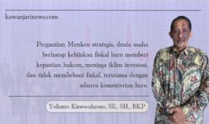Doc. Yulianto Kiswocahyono, SE., SH., BKP, Konsultan Pajak sekaligus Ketua Komite Tetap Bidang Fiskal dan Moneter Kadin Jawa Timur, menilai reshuffle kabinet Presiden Prabowo, khususnya pergantian Menteri Keuangan dan pembentukan Kementerian Haji dan Umrah, akan berdampak pada arah kebijakan fiskal Indonesia. (Foto: Eko Wahyu – KawanJariNews.com).