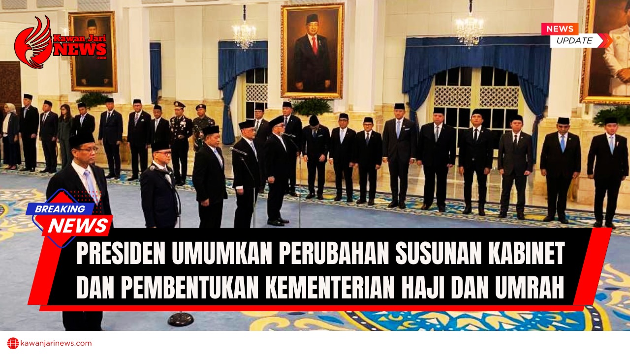 Doc. Presiden Republik Indonesia mengumumkan perubahan susunan Kabinet Merah Putih sekaligus pembentukan Kementerian Haji dan Umrah di Istana Negara, Jakarta, Senin (8/9/2025). Perombakan kabinet ini dilakukan sebagai langkah strategis untuk memperkuat tata kelola pemerintahan dan meningkatkan pelayanan publik. (NR – KawanJariNews.com).