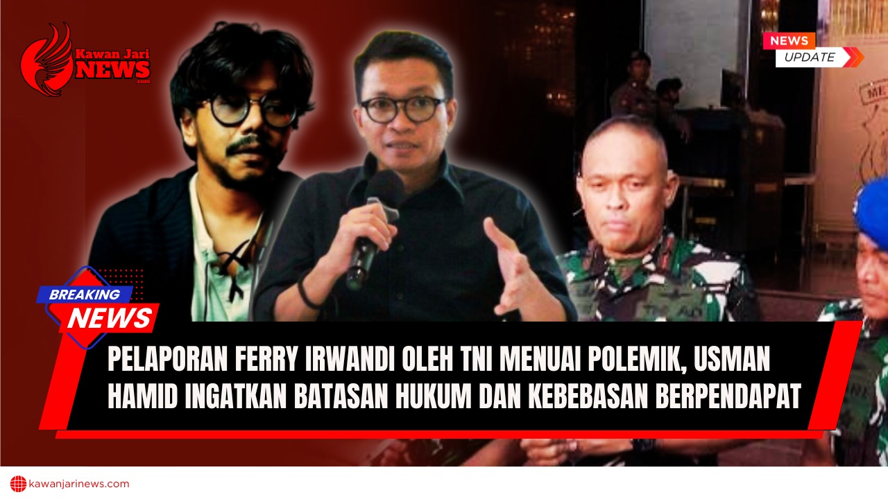 Doc. Ilustrasi: CEO Malaka Project Ferry Irwandi (kiri) dan Direktur Eksekutif Amnesty International Indonesia Usman Hamid (kanan) dengan latar belakang personel TNI saat mendatangi Mabes Polri. Isu ini memicu polemik publik terkait batasan kewenangan militer dan kebebasan berpendapat. (Ilustrasi: NR – KawanJariNews.com).
