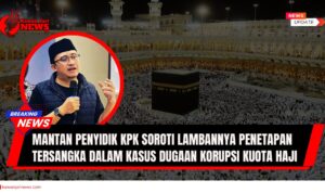 Doc. Ilustrasi berita dengan latar belakang Kakbah yang merepresentasikan konteks ibadah haji. Pada lingkaran, tampak foto mantan penyidik KPK, Laksono Anindito. Catatan: Foto Laksono Anindito diambil bukan saat dirinya menyampaikan pendapat terkait kasus ini, melainkan digunakan semata sebagai ilustrasi pemberitaan. (Ilustrasi: NR – KawanJariNews.com).