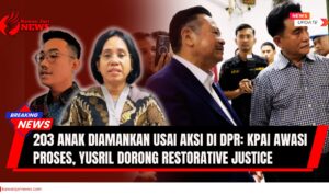 Doc. Latar belakang suasana kunjungan Yusril ke Polda Metro Jaya pada Selasa, 9 September 2025. Pada sisi kiri tampak kloase Delpedro (ilustrasi, bukan diambil pada saat kunjungan), sementara di sisi kanan ditampilkan kloase Komisioner KPAI (ilustrasi). (NR – KawanJariNews.com).