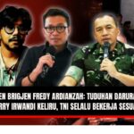 Doc. Ilustrasi pemberitaan klarifikasi TNI terkait tuduhan darurat militer oleh Ferry Irwandi. Tampak dari kiri ke kanan: Ferry Irwandi (influencer dan CEO Malaka Project), Usman Hamid (Direktur Amnesty International Indonesia), serta Kapuspen TNI Brigjen TNI Fredy Ardianzah saat memberikan keterangan pers. Foto-foto dalam kolase ini digunakan semata-mata sebagai ilustrasi pemberitaan, bukan diambil pada saat pernyataan resmi terkait kasus ini. (NR – KwanJariNews.com).