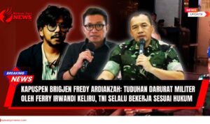 Doc. Ilustrasi pemberitaan klarifikasi TNI terkait tuduhan darurat militer oleh Ferry Irwandi. Tampak dari kiri ke kanan: Ferry Irwandi (influencer dan CEO Malaka Project), Usman Hamid (Direktur Amnesty International Indonesia), serta Kapuspen TNI Brigjen TNI Fredy Ardianzah saat memberikan keterangan pers. Foto-foto dalam kolase ini digunakan semata-mata sebagai ilustrasi pemberitaan, bukan diambil pada saat pernyataan resmi terkait kasus ini. (NR – KwanJariNews.com).