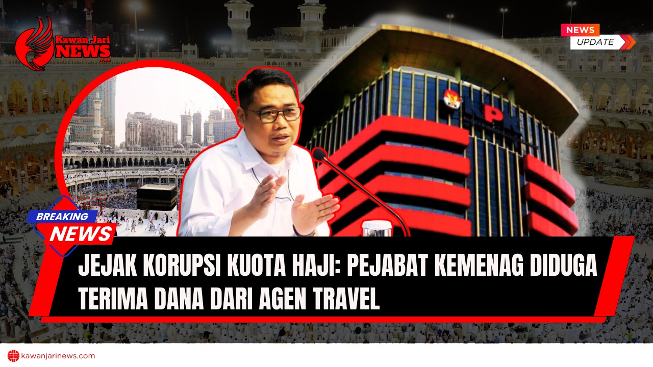 Doc. Ilustrasi pemberitaan dugaan korupsi kuota haji. Latar belakang menampilkan suasana Kakbah di Masjidil Haram serta Gedung Merah Putih KPK. Figur dalam gambar adalah Direktur Penyidikan KPK, Asep Guntur Rahayu, ditampilkan hanya sebagai ilustrasi pemberitaan, bukan pada saat memberikan pernyataan resmi terkait kasus ini. (NR – KawanJariNews.com).