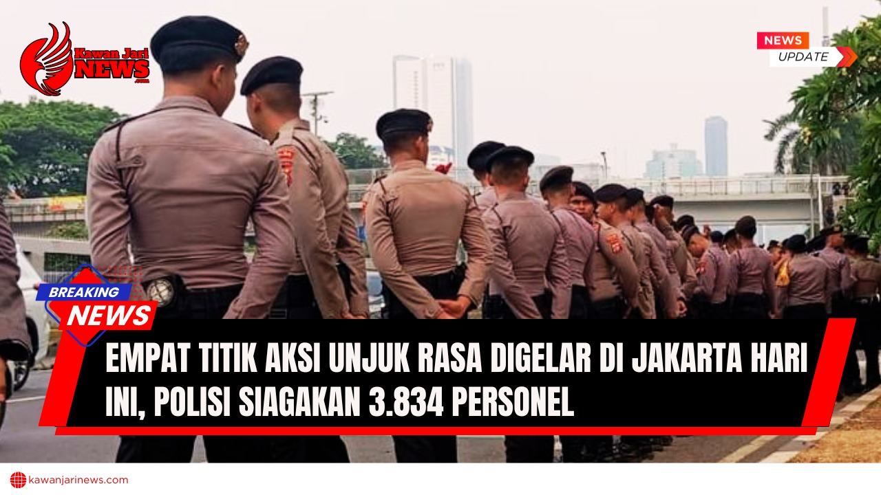 Doc. Sejumlah personel kepolisian bersiaga di kawasan Jakarta dalam rangka pengamanan aksi unjuk rasa yang digelar di empat titik pada Jumat (12/9/2025). Sebanyak 3.834 personel diterjunkan guna memastikan jalannya demonstrasi berlangsung aman dan tertib. (NR – KawanJariNews.com).