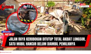 Doc. Kondisi mobil putih yang ringsek akibat longsor di Jalan Raya Kerobokan, tepat di depan Koperasi Kredit Tri Tunggal Tuka, Kecamatan Kerobokan, Bali, Jumat (12/9/2025). Longsor menggerus sebagian badan jalan hingga arus lalu lintas ditutup total. Hingga kini, mobil hancur tersebut belum diambil oleh pemiliknya. (Umbu Arfin – KawanJariNews.com).