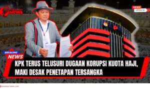 Doc. Koordinator MAKI, Boyamin Saiman, saat mendatangi Gedung KPK untuk menyerahkan bukti tambahan terkait dugaan korupsi kuota haji. Latar belakang ilustrasi memperlihatkan gedung KPK dan jemaah haji sebagai simbol isu utama dalam kasus ini. (NR – KawanJariNews.com).