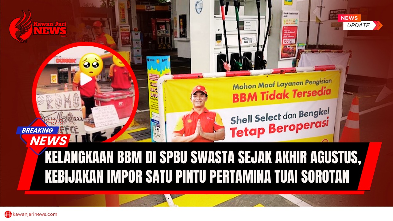 Doc. Sejumlah SPBU swasta, termasuk Shell, mengalami kelangkaan pasokan BBM sejak akhir Agustus 2025. Dalam kondisi sulit tersebut, muncul fenomena karyawan SPBU berjualan kopi di depan stasiun pengisian sebagai upaya bertahan hidup. Sementara itu, pemerintah menegaskan impor BBM hanya melalui satu pintu Pertamina, kebijakan yang menuai pro dan kontra dari operator swasta maupun pengamat energi. (NR – KawanJariNews.com).