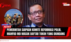 Doc. Mahfud MD ditampilkan pada latar belakang sebagai salah satu tokoh yang diundang dalam Komite Reformasi Polri. Pada kolase lingkaran, tampak foto ilustratif suasana jumpa pers para tokoh Gerakan Nurani Bangsa saat berdiskusi dengan Presiden Prabowo di Istana Kepresidenan. (NR | KawanJariNews.com)
