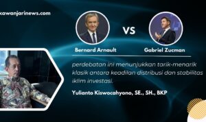 Doc. Ilustrasi perdebatan wacana pajak kekayaan antara Bernard Arnault dan Gabriel Zucman yang menuai perhatian publik internasional. Konsultan pajak senior sekaligus pengurus KADIN Jatim, Yulianto Kiswocahyono, SE., SH., BKP, menilai isu ini merupakan tarik-menarik klasik antara keadilan distribusi dan stabilitas iklim investasi. (Foto: Eko Wahyu | KawanJariNews.com).