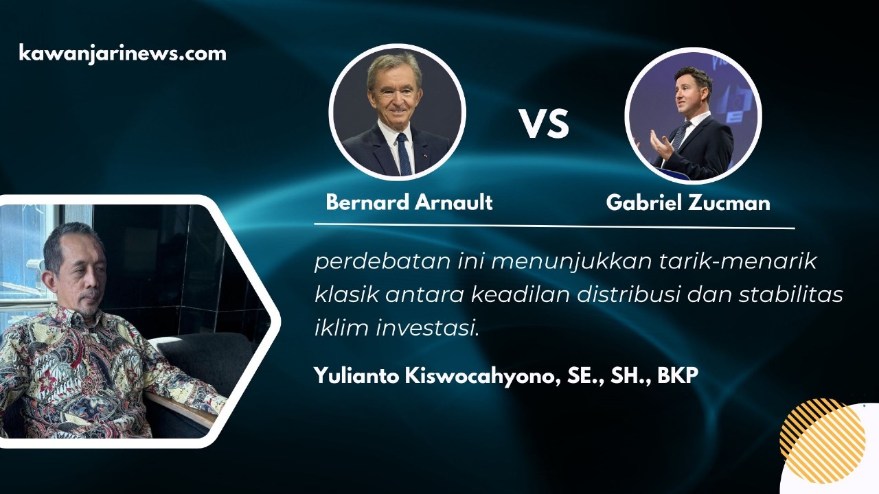 Doc. Ilustrasi perdebatan wacana pajak kekayaan antara Bernard Arnault dan Gabriel Zucman yang menuai perhatian publik internasional. Konsultan pajak senior sekaligus pengurus KADIN Jatim, Yulianto Kiswocahyono, SE., SH., BKP, menilai isu ini merupakan tarik-menarik klasik antara keadilan distribusi dan stabilitas iklim investasi. (Foto: Eko Wahyu | KawanJariNews.com).