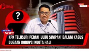 Doc. Ilustrasi berita terkait penyelidikan dugaan korupsi kuota haji. Tampak Juru Bicara KPK, Budi Prasetyo, memberikan keterangan pers di Gedung Merah Putih KPK. Latar belakang menampilkan gedung KPK serta simbol tanda tanya yang merepresentasikan sosok “juru simpan” yang masih ditelusuri perannya dalam aliran dana pungutan ilegal. Gambar ini bersifat ilustratif dan tidak menggambarkan kejadian nyata di lapangan. Isu yang diangkat menyoroti transparansi, akuntabilitas, serta dugaan praktik penyalahgunaan wewenang dalam distribusi kuota haji. (NR | KawanJariNews.com).