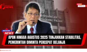 Doc. Ilustrasi berita mengenai kinerja Anggaran Pendapatan dan Belanja Negara (APBN) hingga Agustus 2025. Tampak Menteri Keuangan Purbaya Yudhi Sadewa memberikan keterangan pers terkait perkembangan fiskal nasional. Latar belakang menampilkan gedung Direktorat Jenderal Pajak Kementerian Keuangan sebagai simbol pengelolaan penerimaan negara. Gambar ini bersifat ilustratif dan tidak menggambarkan kejadian nyata di lapangan. Isu yang diangkat menyoroti stabilitas APBN, tantangan percepatan belanja pemerintah, serta pentingnya sinergi kebijakan fiskal dan moneter untuk menjaga ketahanan ekonomi nasional. (Doc. NR | KawanJariNews.com).