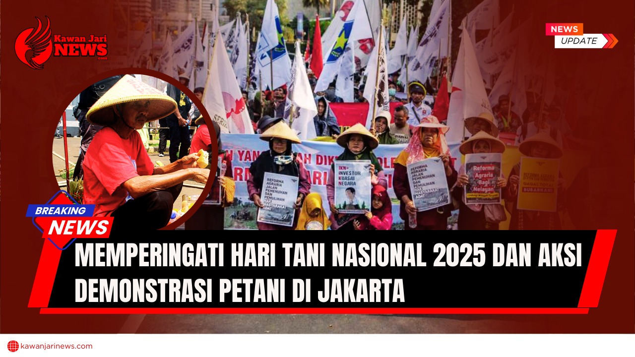 Doc. Sejumlah ibu-ibu dari kalangan petani membentangkan poster berisi aspirasi saat aksi demonstrasi berlangsung, Rabu (24/9/2025). Pada klosa lingkaran terlihat seorang bapak peserta aksi mengenakan caping tengah duduk beristirahat. (NR | KawanJariNews.com).