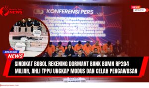 Doc. Kepolisian Republik Indonesia saat menggelar konferensi pers pengungkapan kasus pembobolan rekening dormant bank BUMN dengan kerugian Rp204 miliar, di Mabes Polri, Jakarta. Direktorat Tindak Pidana Ekonomi Khusus (Dittipideksus) menjelaskan peran sembilan tersangka dalam jaringan terorganisasi yang melibatkan orang dalam, eksekutor, penghubung, serta kelompok pencucian uang. Kasus ini juga menyeret dua tersangka terkait pembunuhan Kepala Cabang Bank BUMN, Ilham Pradipta. (NR – KawanJariNews.com).
