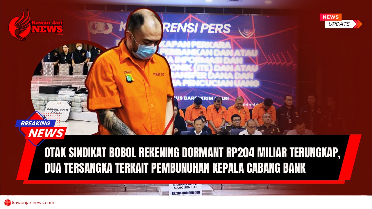 Doc. Latar belakang konferensi pers Bareskrim Polri terkait pengungkapan sindikat pembobolan rekening dormant bank BUMN senilai Rp204 miliar. Pada klose bagian depan, tampak salah satu otak sindikat dengan wajah ditutupi masker saat ditampilkan ke publik. Polisi menyebut sindikat ini tidak hanya melakukan pembobolan rekening, tetapi juga terlibat dalam penculikan dan pembunuhan Kepala Cabang Bank BUMN. (NR – KawanJariNews.com).