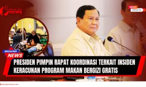 Doc. Ilustrasi Presiden Prabowo Subianto saat memimpin rapat koordinasi membahas insiden keracunan makanan bergizi gratis (MBG). Pada kolase lingkaran depan, tampak gambar ilustratif korban keracunan MBG di Jawa Barat yang sedang mendapatkan perawatan medis di rumah sakit. Gambar ini bersifat ilustratif semata sebagai gambaran isu penting mengenai keselamatan anak, transparansi, akuntabilitas, serta pengawasan kualitas pangan dalam program pemerintah. (NR | KawanJariNews.com).