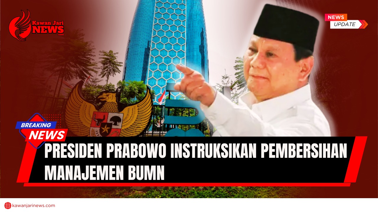 Doc. Presiden Prabowo Subianto dengan latar belakang Gedung BUMN. Gambar ini bersifat ilustratif dan tidak menggambarkan kegiatan pemeriksaan atau pembersihan manajemen secara langsung. Ilustrasi ini memberikan konteks terkait instruksi Presiden untuk melakukan pemeriksaan dan penguatan tata kelola BUMN demi transparansi, akuntabilitas, dan profesionalisme pengelolaan aset negara. (NR | KawanJariNews.com).