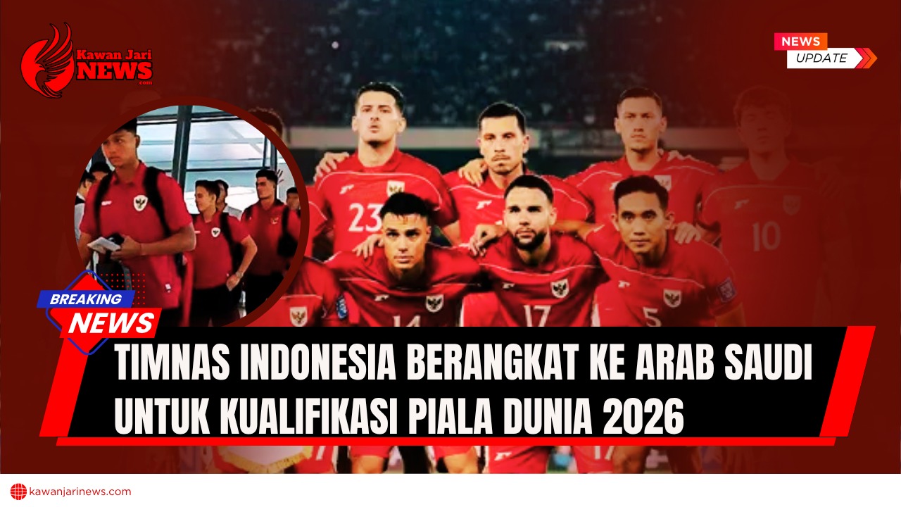 Doc.Keberangkatan Timnas Indonesia untuk bertolak ke Jeddah, Arab Saudi, untuk putaran keempat kualifikasi Piala Dunia 2026. Pada lingkaran di latar depan tampak momen tim berjalan menuju area keberangkatan, simbol persiapan dan semangat tim menghadapi laga penting. Gambar ini bersifat ilustratif dan tidak menggambarkan kejadian secara real-time. (Sumber: Sport Link News).