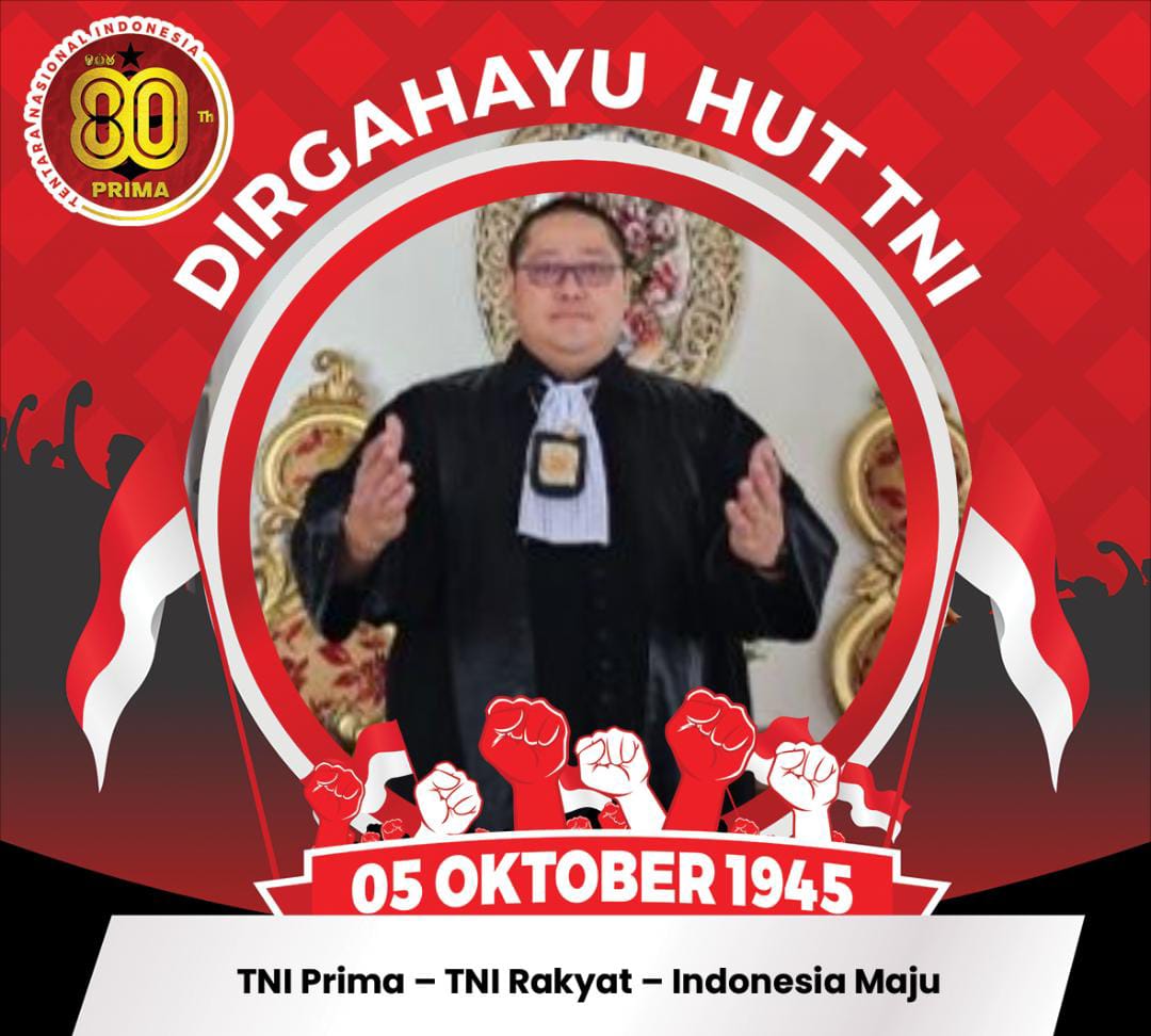 Doc. Bapak Advokat Donny Andretti, S.H., S.Kom., M.Kom., C.Md., C.PFW., C.MDF., C.JKJ., selaku Ketua Umum Organisasi Advokat FERADI WPI, menyampaikan ucapan selamat Hari Ulang Tahun ke-80 Tentara Nasional Indonesia dengan tema “TNI Prima, TNI Rakyat, Indonesia Maju.” Ucapan tersebut merupakan bentuk apresiasi atas dedikasi TNI dalam menjaga kedaulatan dan keamanan bangsa, serta peran strategisnya dalam mendukung pembangunan nasional. (Flayer: Nabila).