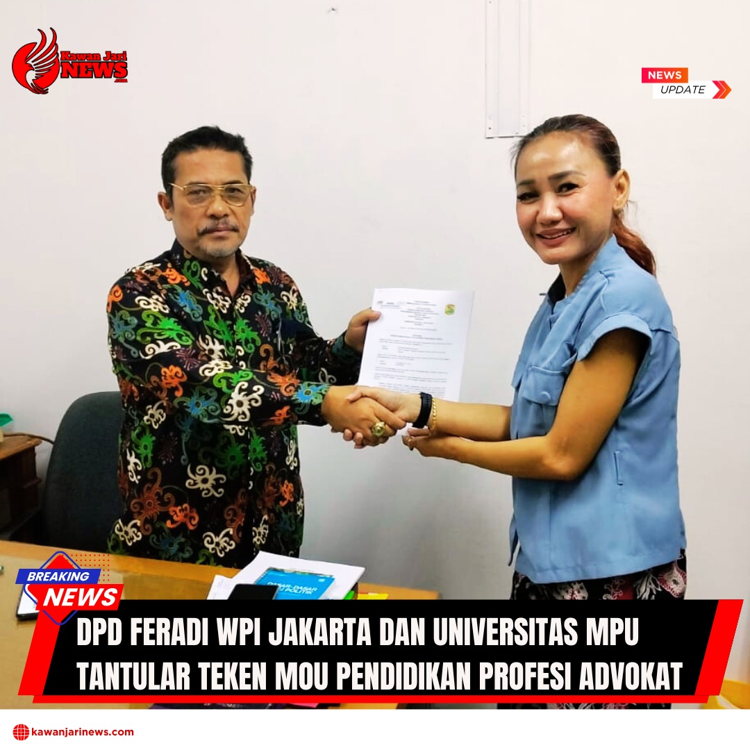 Doc. Ketua DPD FERADI WPI Jakarta, Harriani Bianca, bersama Kaprodi Fakultas Hukum Universitas Mpu Tantular, Dr. Appe Hutauruk, S.H., M.H., saat prosesi penyerahan dokumen kerja sama dalam acara penandatanganan MoU penyelenggaraan PKPA dan UPA di Jakarta, Selasa (7/10/2025). (Foto: DPD FERADI WPI Jakarta).