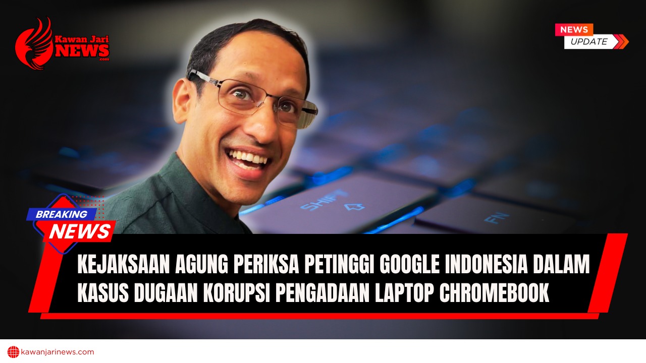 Doc. Ilustrasi — Nadiem Makarim tampak pada latar depan dengan bayangan papan ketik (keyboard) laptop di latar belakang. Gambar ini bersifat ilustratif dan tidak menggambarkan kejadian nyata. Ilustrasi ini digunakan untuk memberi konteks visual terkait isu hukum pengadaan laptop Chromebook, transparansi anggaran, serta akuntabilitas dalam pelaksanaan proyek pemerintah. (Doc. NR | kawanjarinews.com).