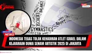 Doc. Ilustrasi bertema athletic performance menggambarkan senam artistik. Pada bagian depan tampak siluet pesenam sedang melakukan gerakan tari. Di sisi kanan tampak samar bendera Israel sebagai simbol isu yang menjadi sorotan dalam penyelenggaraan Kejuaraan Dunia Senam Artistik 2025 di Jakarta. Gambar ini bersifat ilustratif, tidak menggambarkan kejadian nyata. Ilustrasi dibuat untuk memberikan konteks isu diplomatik dan solidaritas internasional terkait penolakan kehadiran atlet Israel dalam ajang olahraga di Indonesia. (NR | KawanJariNews.com)
