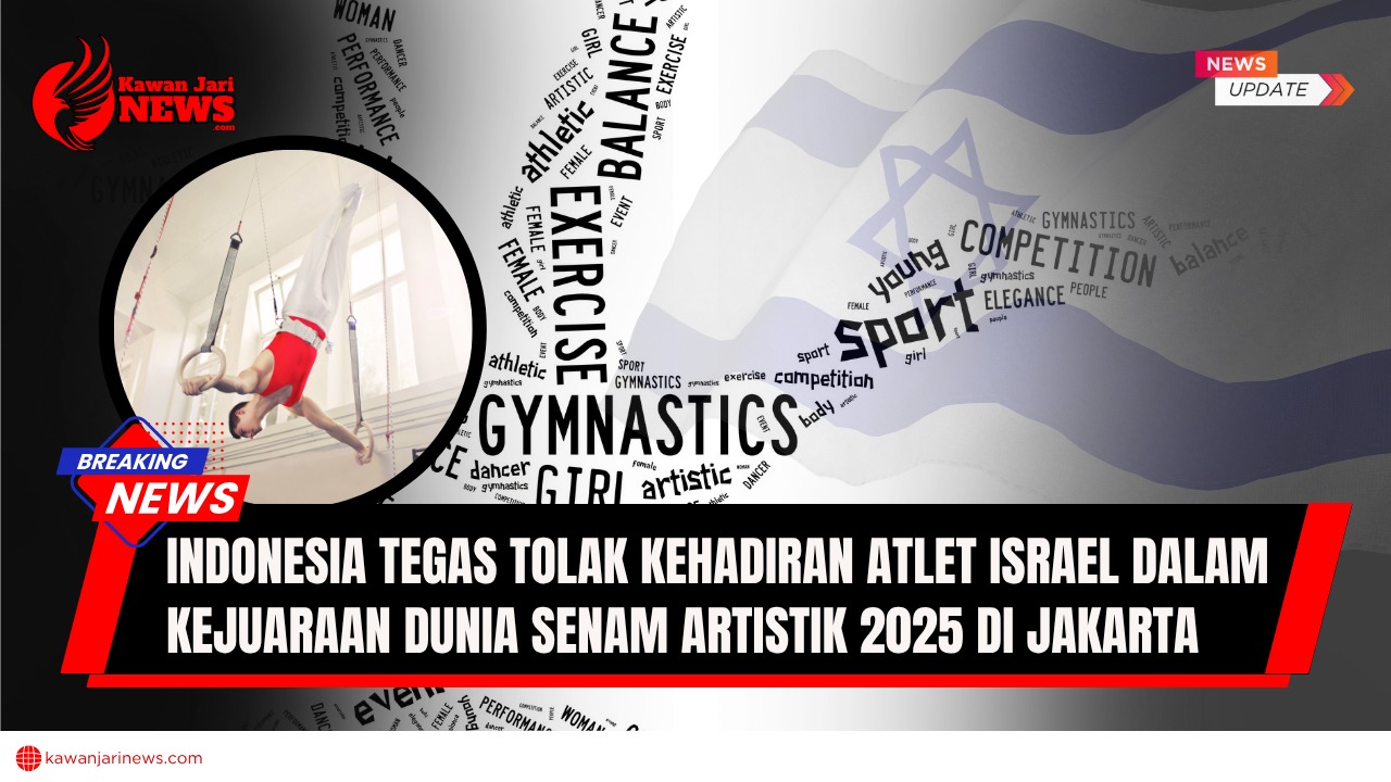 Doc. Ilustrasi bertema athletic performance menggambarkan senam artistik. Pada bagian depan tampak siluet pesenam sedang melakukan gerakan tari. Di sisi kanan tampak samar bendera Israel sebagai simbol isu yang menjadi sorotan dalam penyelenggaraan Kejuaraan Dunia Senam Artistik 2025 di Jakarta. Gambar ini bersifat ilustratif, tidak menggambarkan kejadian nyata. Ilustrasi dibuat untuk memberikan konteks isu diplomatik dan solidaritas internasional terkait penolakan kehadiran atlet Israel dalam ajang olahraga di Indonesia. (NR | KawanJariNews.com)