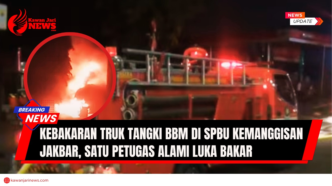 Doc. Kendaraan Petugas pemadam kebakaran Jakarta Barat pada saat berupaya memadamkan api yang membakar truk tangki BBM di area SPBU Kemanggisan, Palmerah, Jakarta Barat, Sabtu (11/10/2025). (NR | KawanJariNews.com).