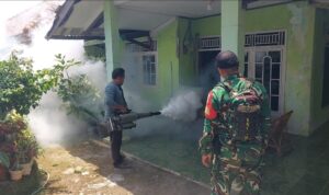 Doc. Petugas Puskesmas Purwadadi bersama Babinsa Desa Purwadadi Barat, Sertu A. Munthe, melakukan penyemprotan (fogging) di salah satu rumah warga Kampung Hegarmanah RW 06 sebagai upaya pencegahan penyebaran penyakit Demam Berdarah Dengue (DBD). (Benny Rulsi).