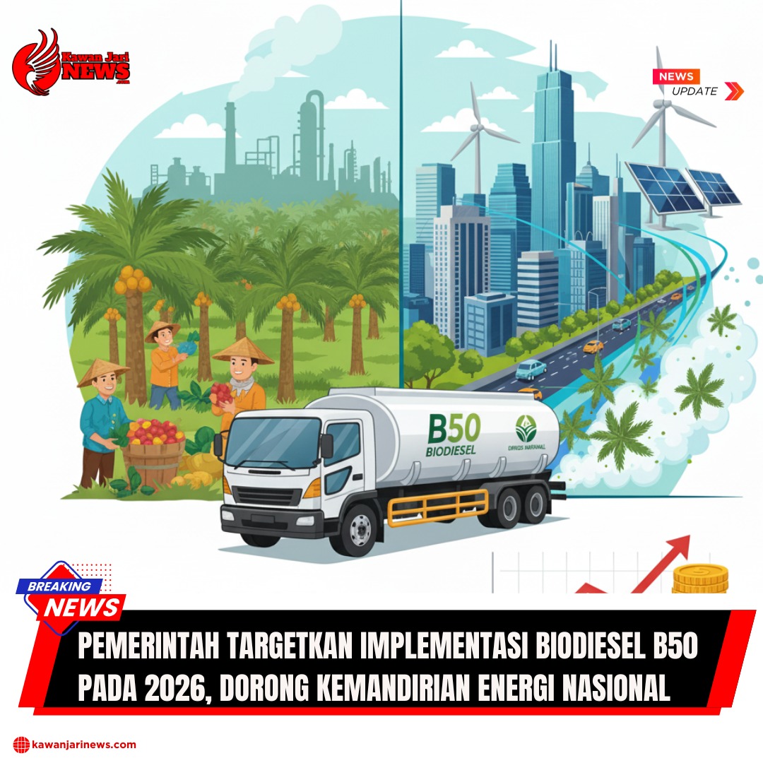 Doc. Ilustrasi — Truk tangki BBM tengah melintas membawa pasokan bahan bakar dengan latar belakang perkotaan, kebun sawit, dan aktivitas petani sawit. Gambar ini tidak menggambarkan peristiwa nyata, melainkan memperkuat konteks isu distribusi energi nasional dan keterkaitannya dengan sektor hulu-hilir, dari produksi bahan bakar hingga dampak ekonomi bagi petani sawit di daerah penghasil. (NR | KawanJariNews.com).