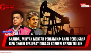 Doc. Ilustrasi — menampilkan sosok yang merepresentasikan Muhammad Kerry Adrianto Riza di sisi depan dan figur menyerupai Riza Chalid di sisi belakang, dengan latar belakang instalasi pompa minyak mentah. Gambar ini bersifat ilustratif. Ilustrasi ini dimaksudkan untuk memberikan konteks isu transparansi, akuntabilitas, dan dugaan korupsi dalam tata kelola sektor migas nasional. (NR | KawanJariNews.com).