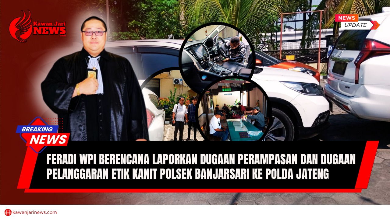 Doc. Tampak di latar belakang, kendaraan Pajero milik klien terhalang oleh mobil CR-V yang diduga digunakan oleh pihak DC. Pada kolase depan terlihat Advokat Donny Andretti, S.H., S.Kom., M.Kom., selaku kuasa hukum korban. Dalam lingkaran kecil disertakan beberapa momen penting selama proses permasalahan berlangsung, mulai dari situasi di lokasi kejadian hingga saat koordinasi di Polsek Banjarsari Surakarta. (Foto: Wakid).
