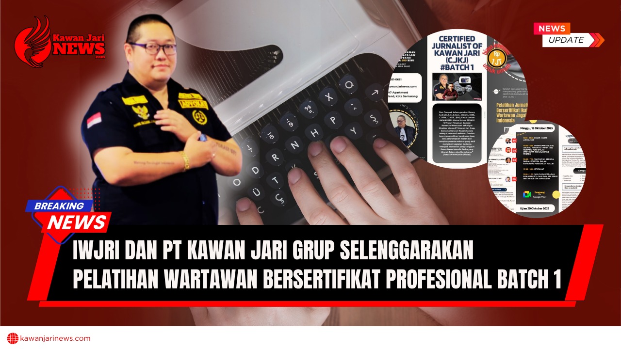 Doc. Ketua Umum Ikatan Wartawan Jagat Raya Indonesia, Donny Andretti, S.H., S.Kom., M.Kom., C.Md., C.PFW., C.MDF., C.JKJ., tampak pada klosase lingkaran kecil di bagian depan terlihat tangkapan layar flayer kegiatan Pelatihan Wartawan Bersertifikat Profesional yang diselenggarakan oleh IWJRI bekerja sama dengan PT Kawan Jari Grup. (Foto: IWJRI Official).