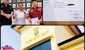 Doc. Kolase foto menampilkan tanda terima laporan aduan dugaan tindak pidana penggelapan dana perusahaan yang telah diserahkan ke Polres Metro Bekasi. Terlihat Adv. Donny Andretti, S.H., S.Kom., M.Kom., bersama pemberi kuasa (korban) dan David Yuwono, S.E., M.B.A., saat memegang salinan tanda terima laporan sebagai bukti resmi pengaduan. Pada latar kolase, tampak gedung Polres Metro Bekasi sebagai lokasi tempat laporan tersebut diterima. (Foto: Nabila – Kontributor | KawanJariNews.com).