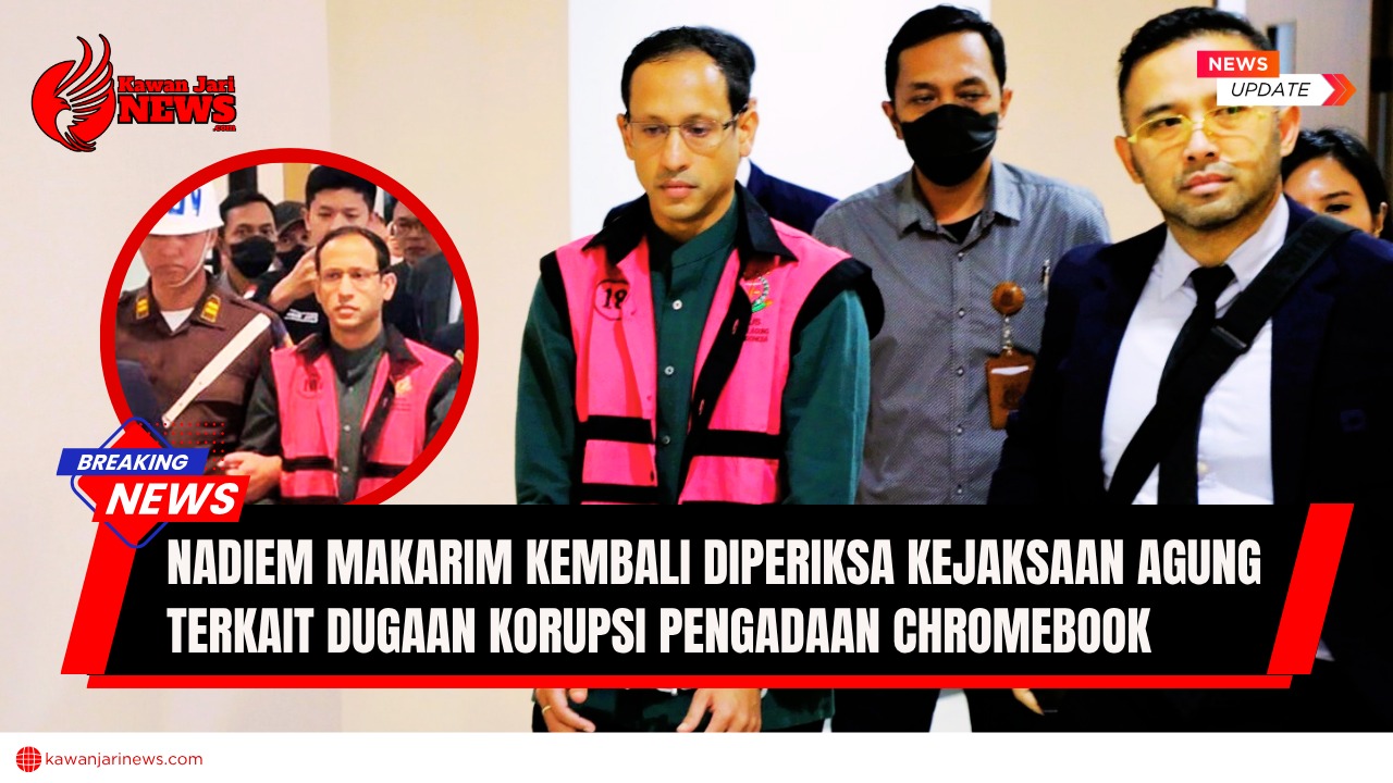 Doc. Mantan Menteri Pendidikan, Kebudayaan, Riset, dan Teknologi, Nadiem Makarim, mengenakan rompi tahanan Kejaksaan Agung saat digiring petugas menuju ruang pemeriksaan. Gambar ini hanya bersifat ilustratif dan tidak menggambarkan kejadian pada saat situasi pemeriksaan lanjutan. Ilustrasi digunakan untuk memberikan konteks pemberitaan mengenai proses hukum dan transparansi penegakan hukum dalam kasus dugaan korupsi pengadaan Chromebook di lingkungan Kemendikbudristek. (Sumber Foto: CNN Indonesia).